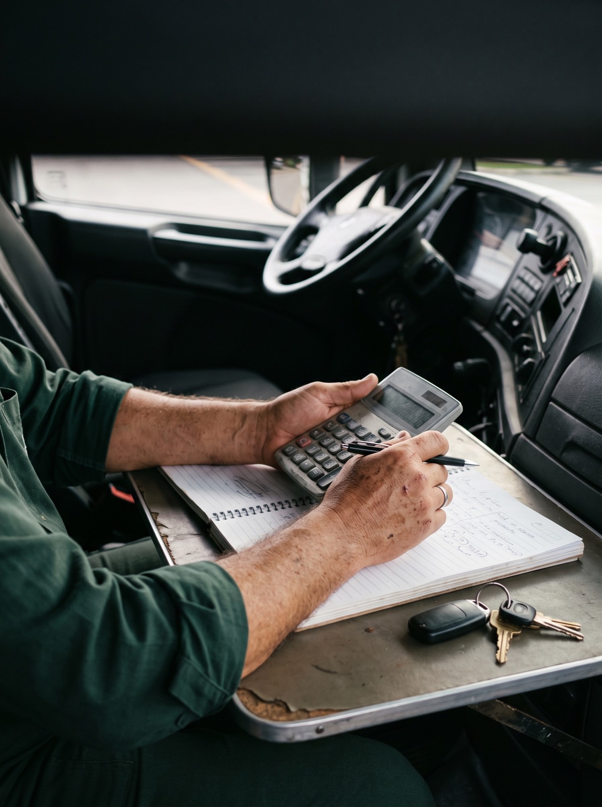 Motorista calculando os custos da viagem na cabine do caminhão parado.