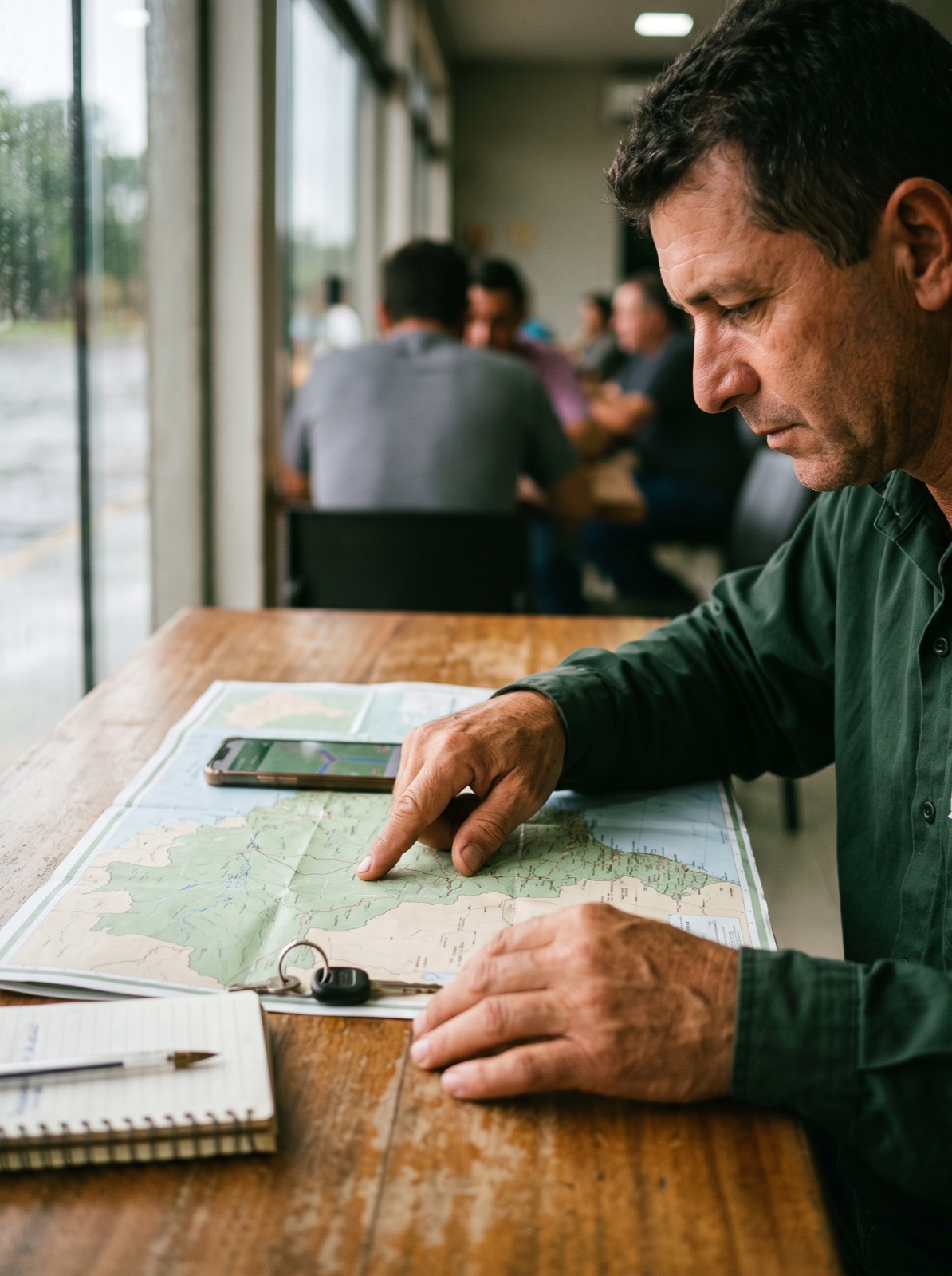 Caminhoneiro planejando a próxima viagem com mapa e celular.