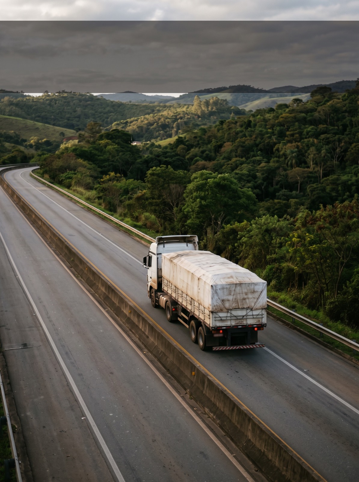 Caminhão percorrendo uma rodovia entre paisagens brasileiras.